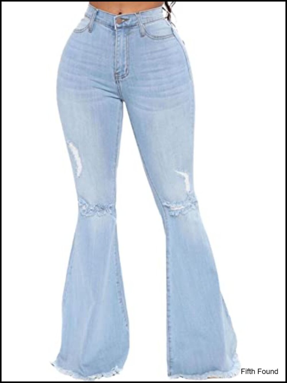 Ripped Bell Bottom Flare Jeans Mid Rise Destroyed Hem Denim Pants